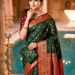 Women's Bottle Green & Maroon Jacquard Woven Saree with Gold Zari Checks, Butti Motifs & Rich Pallu