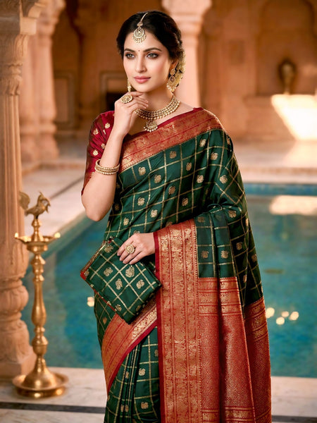 Women's Bottle Green & Maroon Jacquard Woven Saree with Gold Zari Checks, Butti Motifs & Rich Pallu