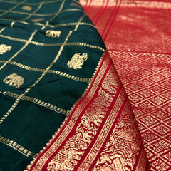 Women's Bottle Green & Maroon Jacquard Woven Saree with Gold Zari Checks, Butti Motifs & Rich Pallu