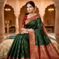 Women's Bottle Green & Maroon Jacquard Woven Saree with Gold Zari Checks, Butti Motifs & Rich Pallu