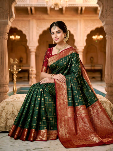 Women's Bottle Green & Maroon Jacquard Woven Saree with Gold Zari Checks, Butti Motifs & Rich Pallu