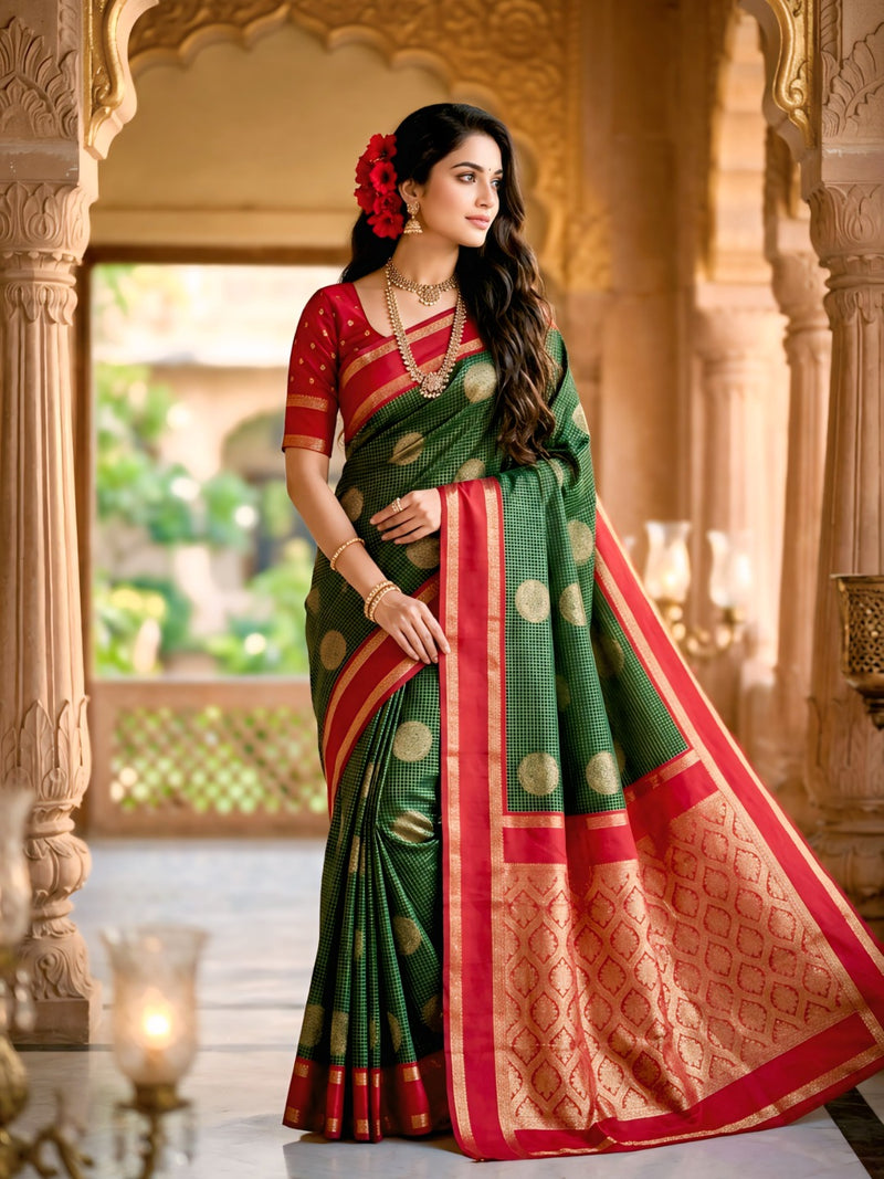 Bottle Green & Crimson Red Checks Banarasi Silk Saree