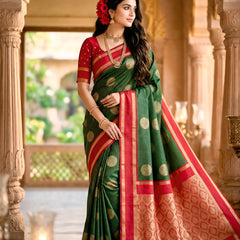 Bottle Green & Crimson Red Checks Banarasi Silk Saree
