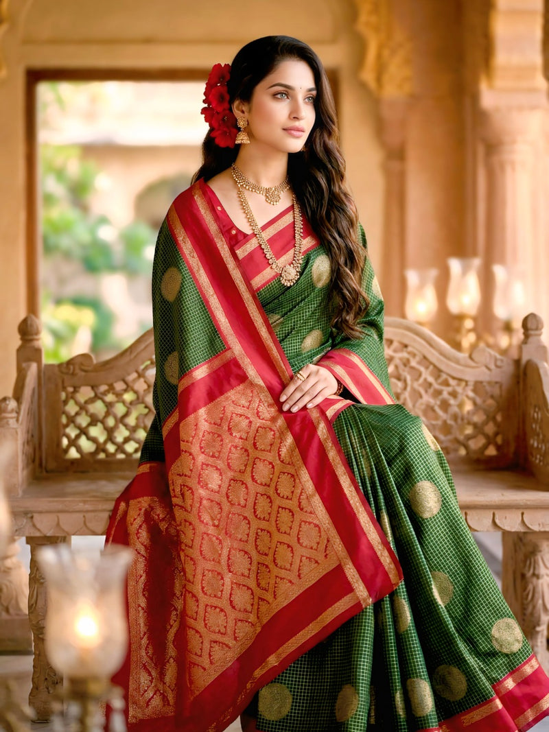 Bottle Green & Crimson Red Checks Banarasi Silk Saree