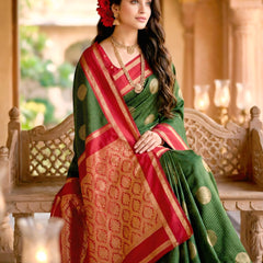 Bottle Green & Crimson Red Checks Banarasi Silk Saree