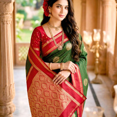 Bottle Green & Crimson Red Checks Banarasi Silk Saree