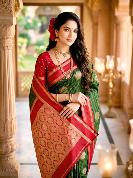 Bottle Green & Crimson Red Checks Banarasi Silk Saree