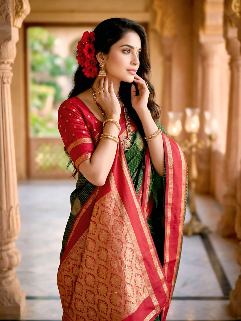 Bottle Green & Crimson Red Checks Banarasi Silk Saree