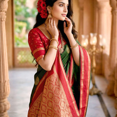 Bottle Green & Crimson Red Checks Banarasi Silk Saree