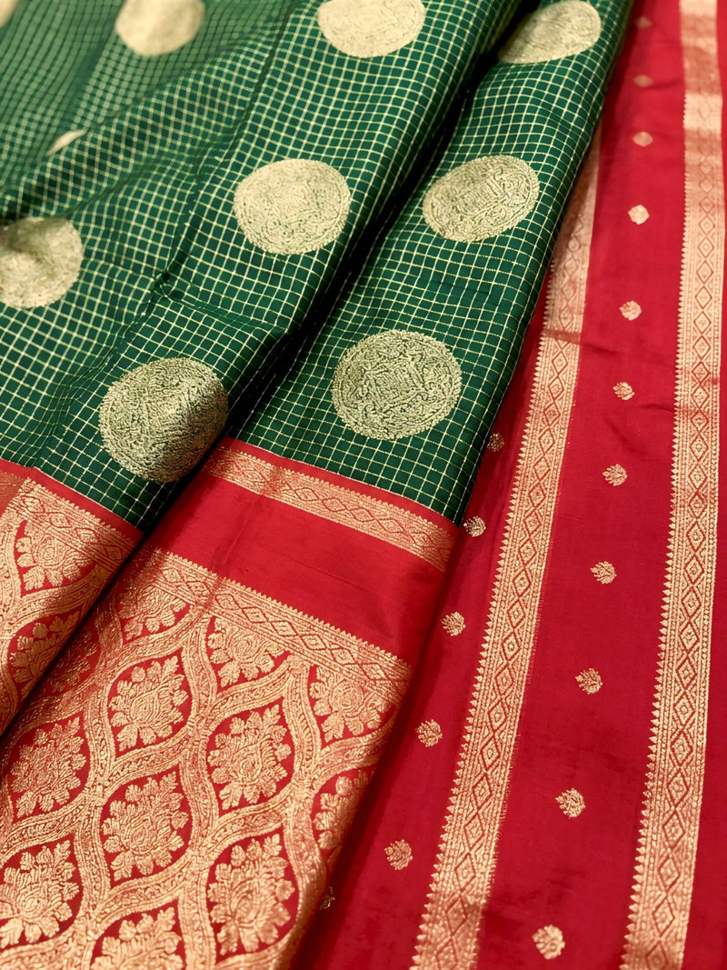 Bottle Green & Crimson Red Checks Banarasi Silk Saree