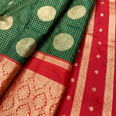 Bottle Green & Crimson Red Checks Banarasi Silk Saree