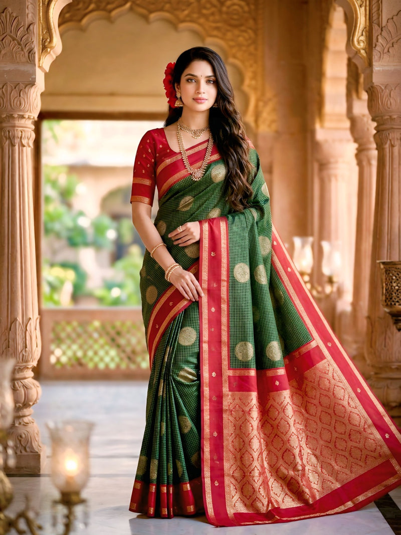 Bottle Green & Crimson Red Checks Banarasi Silk Saree