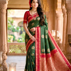 Bottle Green & Crimson Red Checks Banarasi Silk Saree