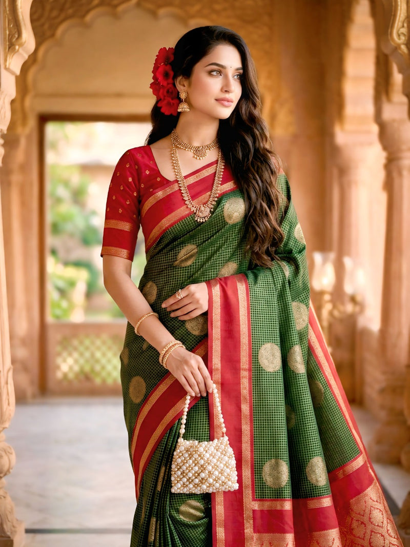 Bottle Green & Crimson Red Checks Banarasi Silk Saree
