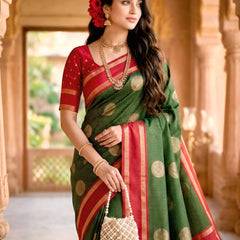 Bottle Green & Crimson Red Checks Banarasi Silk Saree