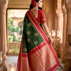 Bottle Green & Crimson Red Checks Banarasi Silk Saree
