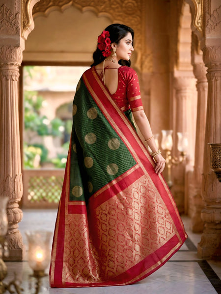 Bottle Green & Crimson Red Checks Banarasi Silk Saree