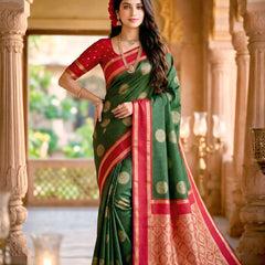 Bottle Green & Crimson Red Checks Banarasi Silk Saree