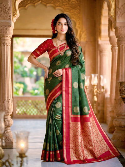 Bottle Green & Crimson Red Checks Banarasi Silk Saree