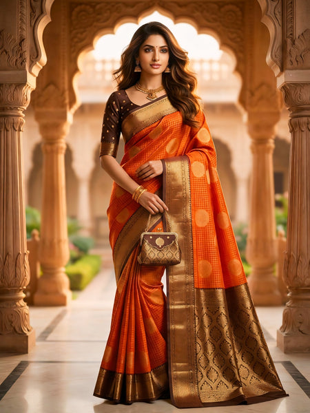 The Bright Orange & Chocolate Banarasi Saree