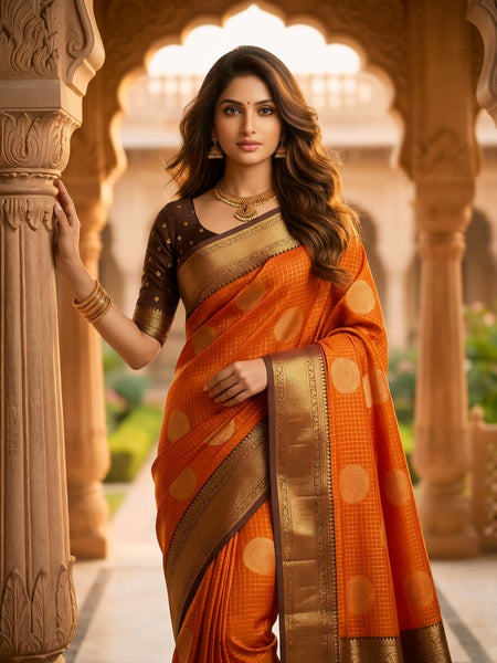 The Bright Orange & Chocolate Banarasi Saree