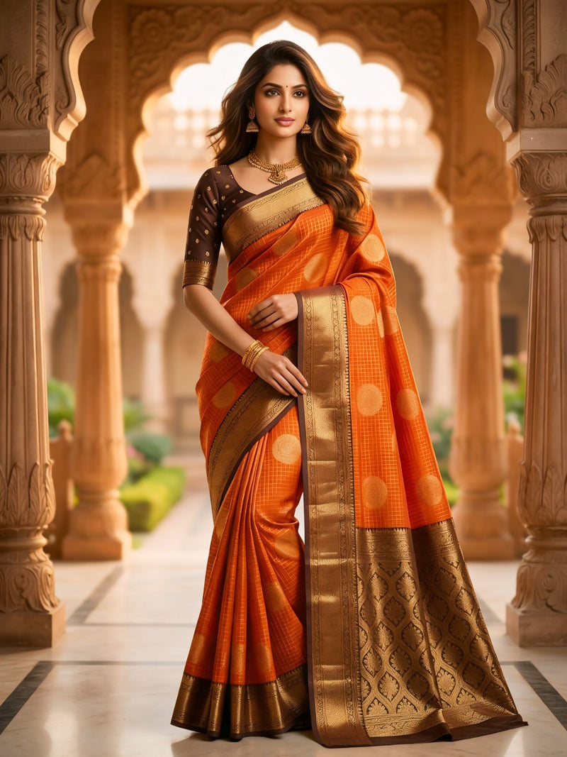 The Bright Orange & Chocolate Banarasi Saree