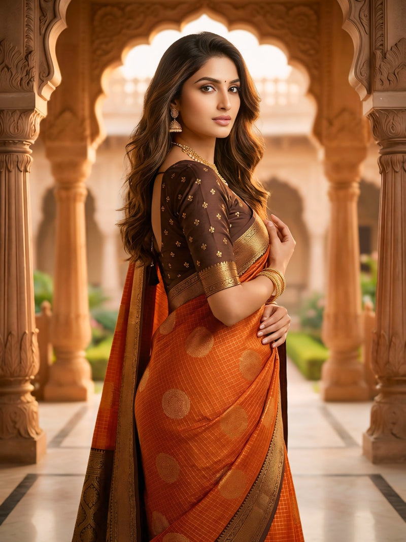 The Bright Orange & Chocolate Banarasi Saree