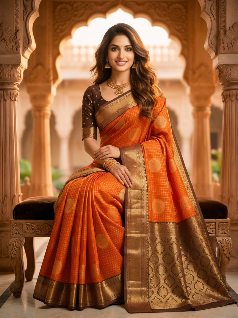 The Bright Orange & Chocolate Banarasi Saree