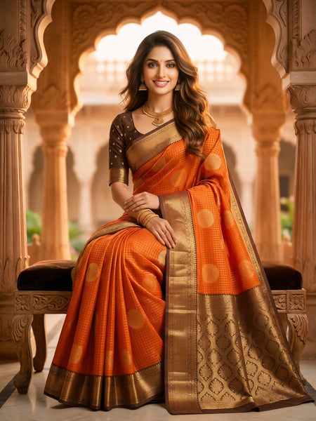 The Bright Orange & Chocolate Banarasi Saree