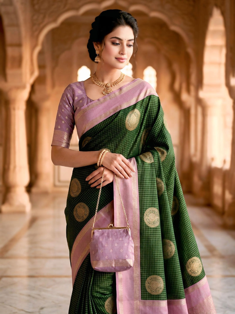 Bottle Green & Lilac Lavender Checks Circular Motifs Banarasi Silk Saree