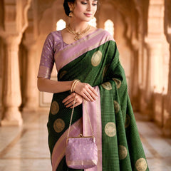 Bottle Green & Lilac Lavender Checks Circular Motifs Banarasi Silk Saree