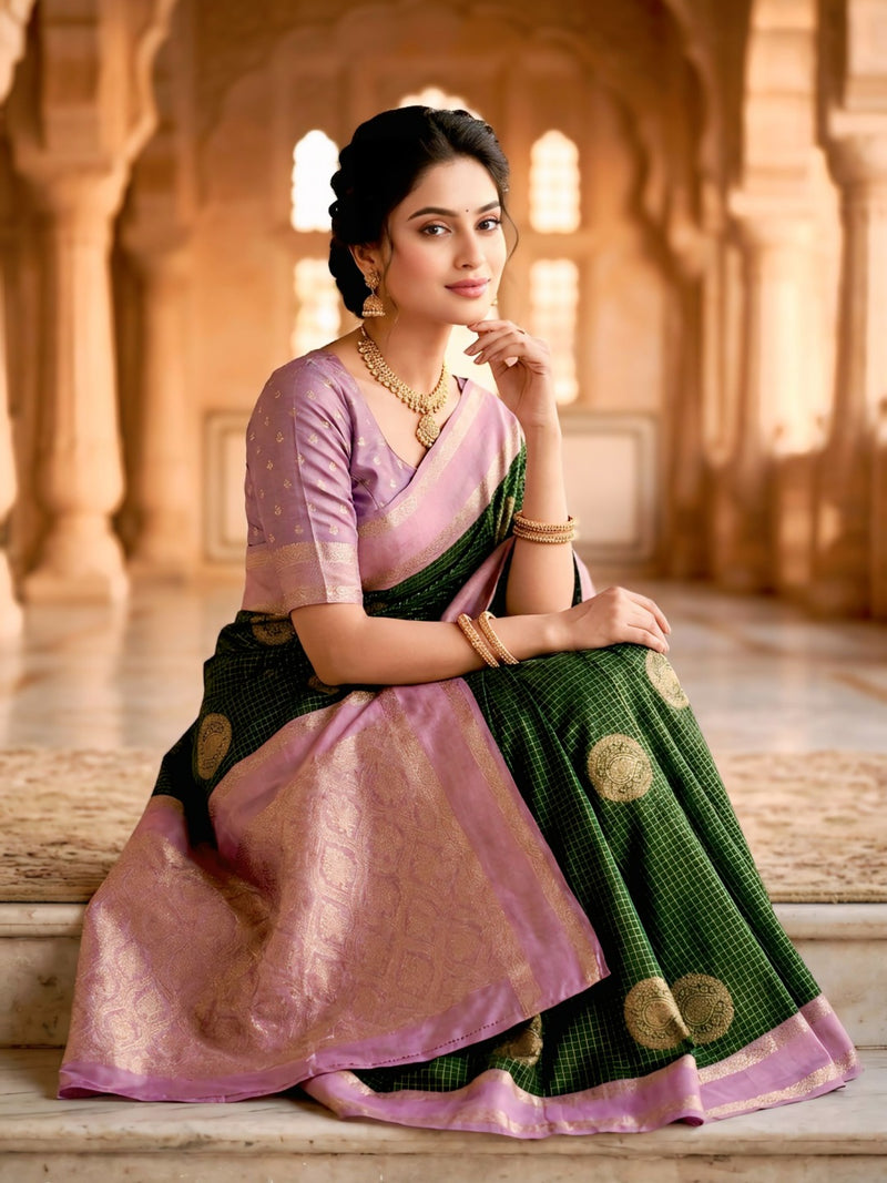 Bottle Green & Lilac Lavender Checks Circular Motifs Banarasi Silk Saree