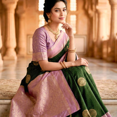 Bottle Green & Lilac Lavender Checks Circular Motifs Banarasi Silk Saree