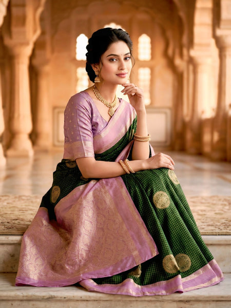 Bottle Green & Lilac Lavender Checks Circular Motifs Banarasi Silk Saree