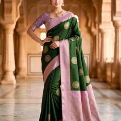 Bottle Green & Lilac Lavender Checks Circular Motifs Banarasi Silk Saree