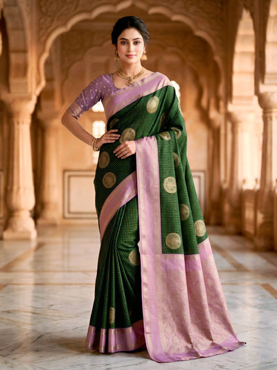 Bottle Green & Lilac Lavender Checks Circular Motifs Banarasi Silk Saree