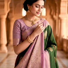 Bottle Green & Lilac Lavender Checks Circular Motifs Banarasi Silk Saree