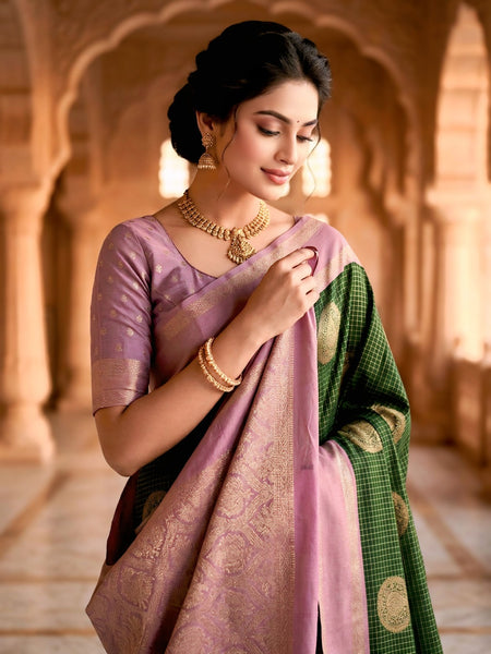 Bottle Green & Lilac Lavender Checks Circular Motifs Banarasi Silk Saree