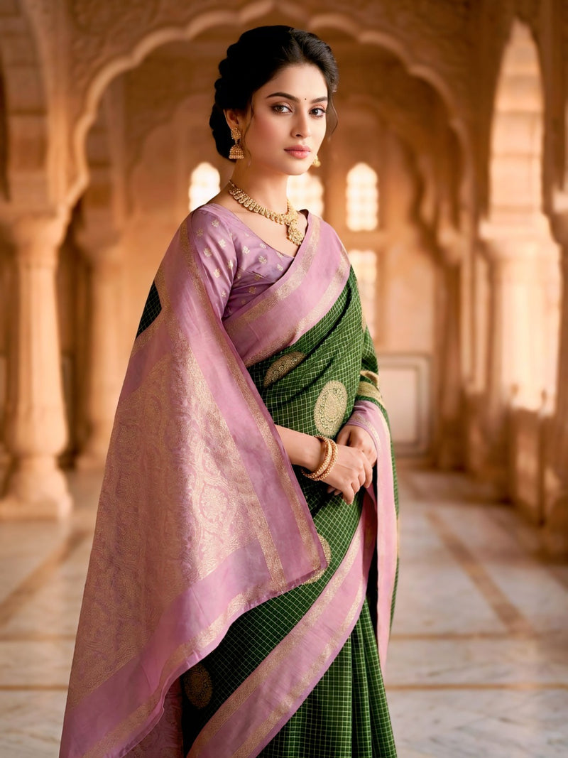 Bottle Green & Lilac Lavender Checks Circular Motifs Banarasi Silk Saree