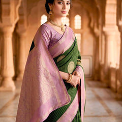 Bottle Green & Lilac Lavender Checks Circular Motifs Banarasi Silk Saree
