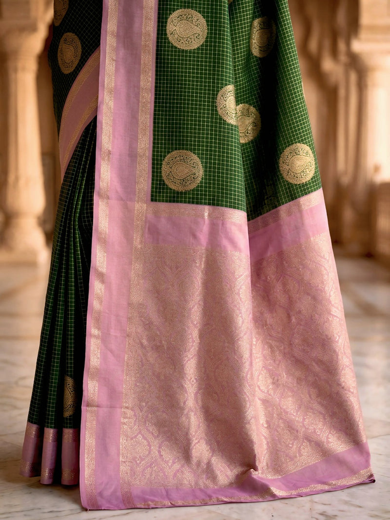 Bottle Green & Lilac Lavender Checks Circular Motifs Banarasi Silk Saree