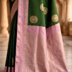 Bottle Green & Lilac Lavender Checks Circular Motifs Banarasi Silk Saree