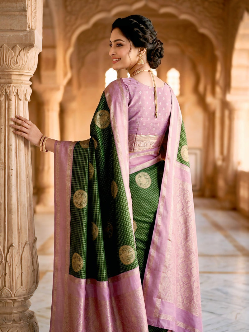 Bottle Green & Lilac Lavender Checks Circular Motifs Banarasi Silk Saree