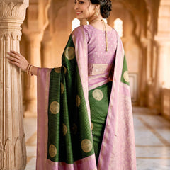 Bottle Green & Lilac Lavender Checks Circular Motifs Banarasi Silk Saree
