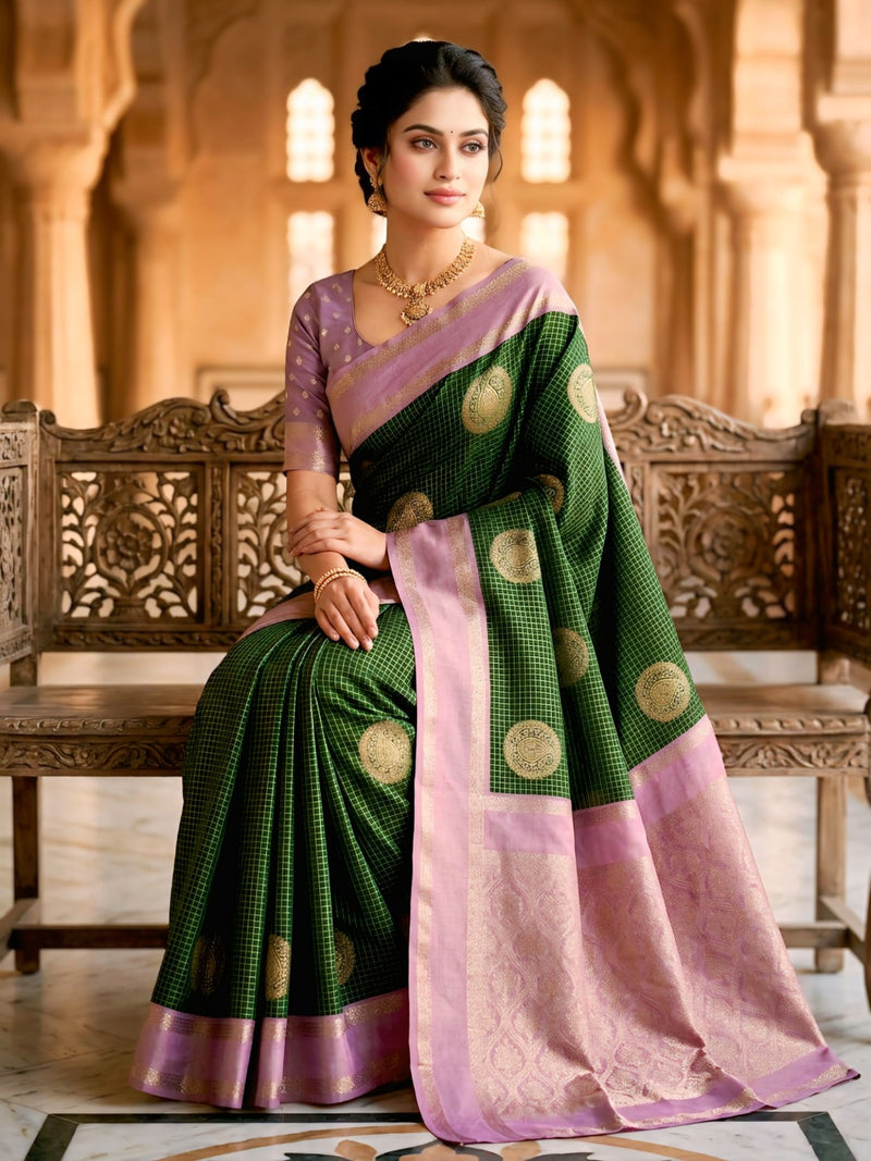 Bottle Green & Lilac Lavender Checks Circular Motifs Banarasi Silk Saree