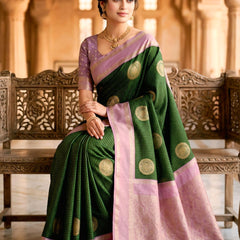 Bottle Green & Lilac Lavender Checks Circular Motifs Banarasi Silk Saree