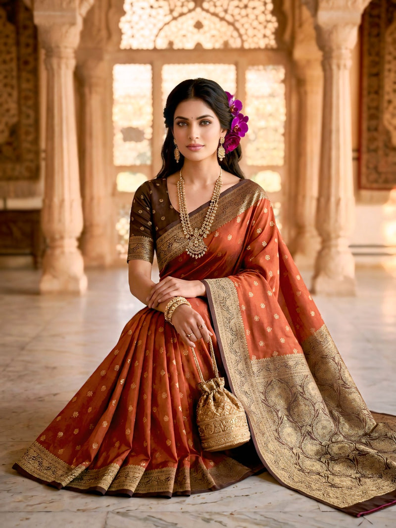 Women's Rust Orange Jacquard Woven Saree with Gold Zari Butti, Brown Border & Rich Designer Pallu