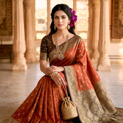 Women's Rust Orange Jacquard Woven Saree with Gold Zari Butti, Brown Border & Rich Designer Pallu