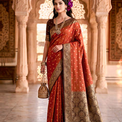 Women's Rust Orange Jacquard Woven Saree with Gold Zari Butti, Brown Border & Rich Designer Pallu