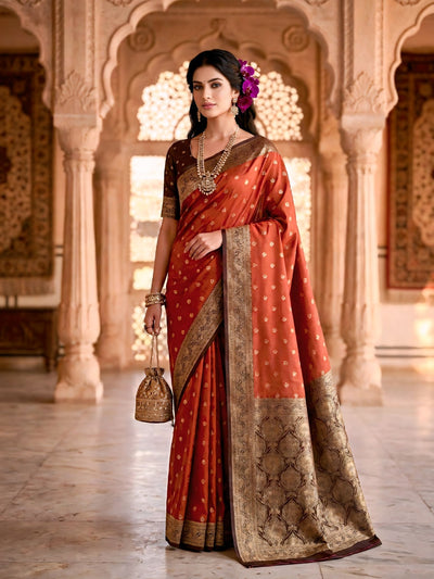 Women's Rust Orange Jacquard Woven Saree with Gold Zari Butti, Brown Border & Rich Designer Pallu